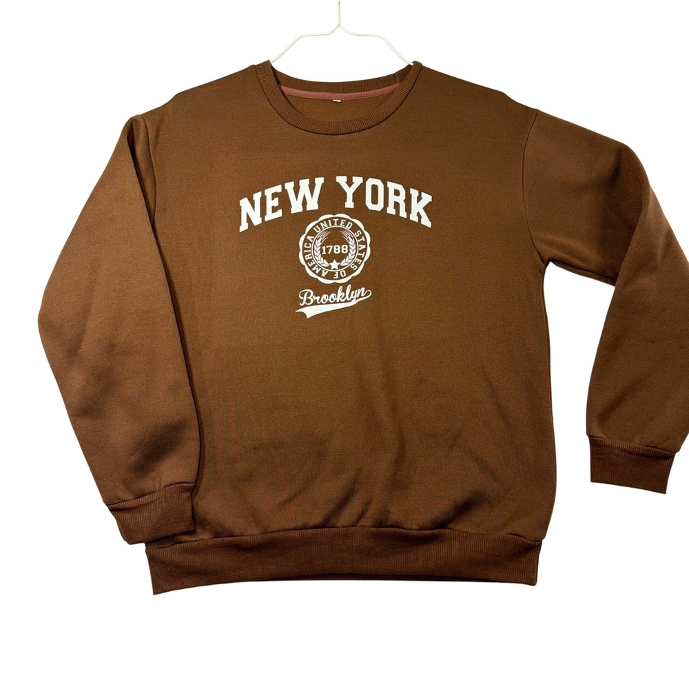 New York Brooklyn Graphic Crewneck Sweatshirt Brown Womens M Collegiate